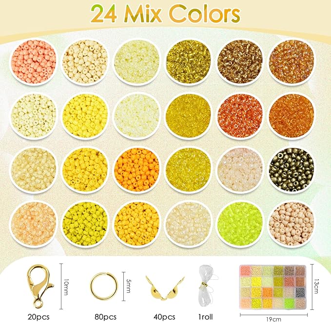 Vtssvow 3mm Glass Seed Beads for Bracelets Making, 24 Colors 10000pcs Friendship Bracelet Making Kit, Small Glass Beads for Jewelry Making (Mix 24 Color, Yellow)