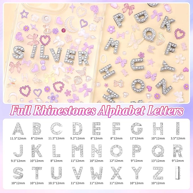 330 Pcs Purple Junk Phone Case Charms 26 Pcs A-Z Rhinestone Alphabet Letter Charms, Mix Flower Bow Heart Pearls Flatback Resin Charms Letter Junk Cases Kit for DIY Crafts