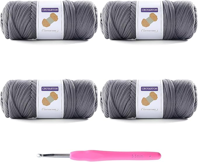 4 Pack Tshirt Yarn for Crocheting, Elastic T Shirt Spaghetti Thick Knitting Yarn Total Length 260 Yds for Crochet Bag Baskets Home Decor with 1 Crochet Hook (4-Dark Gray)