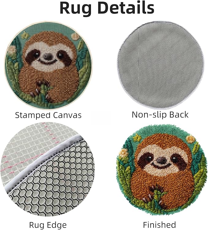 Latch Hook Rug Kit Cute Sloth with Green Color Easy for Beginners Round Shape Carpet Crochet Yarn Craft Mini Rug DIY Hook and Latch Little Tapestry for Home Decor 30x30cm-6