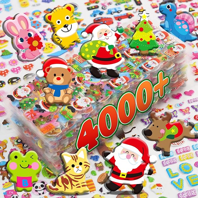 puffy stickers for kids toddlers,christmas 3d sticker variety pack, 4000+ unique cute christmas sticker,80 different sheets kid-stickers bulk, mini party favor for girls boy gifts,teachers reward gift