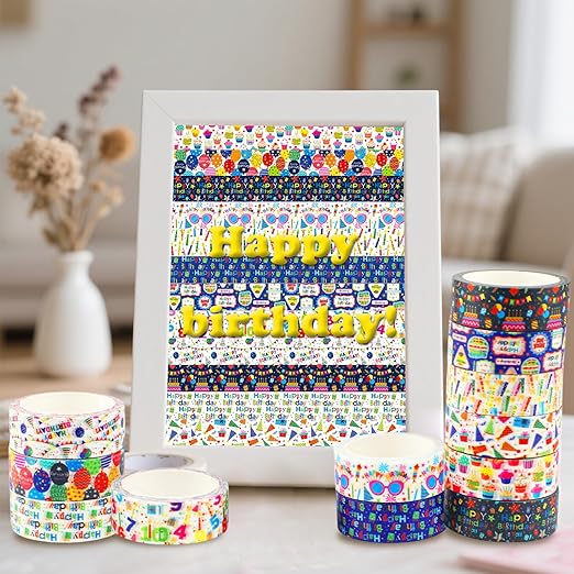 12 Rolls Happy Birthday Washi Tape, Colorful Cake Candles Masking Tapes, Balloons Birthday Hat Decorative Washi Tape for Birthday Party Gift Wrapping Scrapbooking DIY Art Crafts 16.4FT