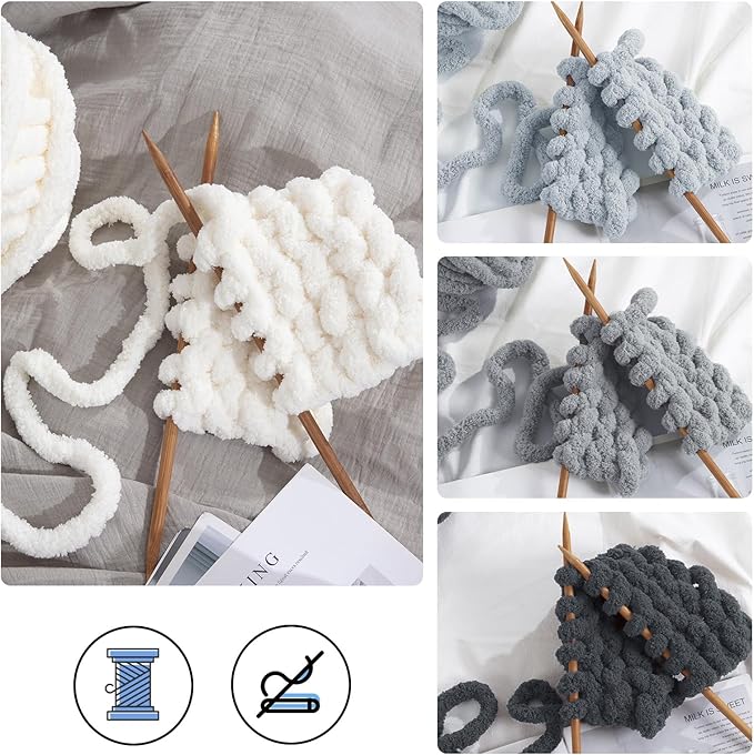 MABOZOO Assorted Chunky Yarn for Crocheting 8 Pack,Fluffy Jumbo Chenille Yarn,Soft Plush Yarn Bulky,Giant Thick Fuzzy Yarn for Hand or Arm Knitting,Cream & Multi Grey(31.7 yds,8 oz Each Skein)