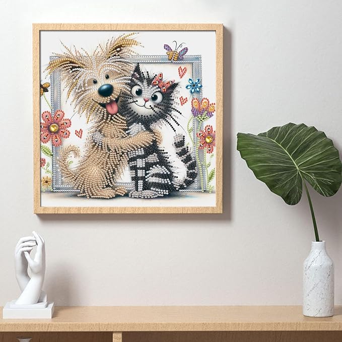 AiYuanzsh Cat and Dog Diamond Art Painting Kits for Adults, 5D Special Shape Diamond Art Kits for Beginners, Crystal Rhinestones Diamond Art Painting for Home Wall Decoration Gift 12×12 inch