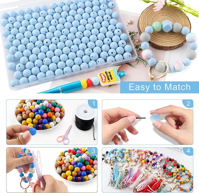 160Pcs 12mm Silicone Beads for Keychain Making Bracelet Necklace, Bulk Round Silicone Beads for Pens（Pastel Blue）