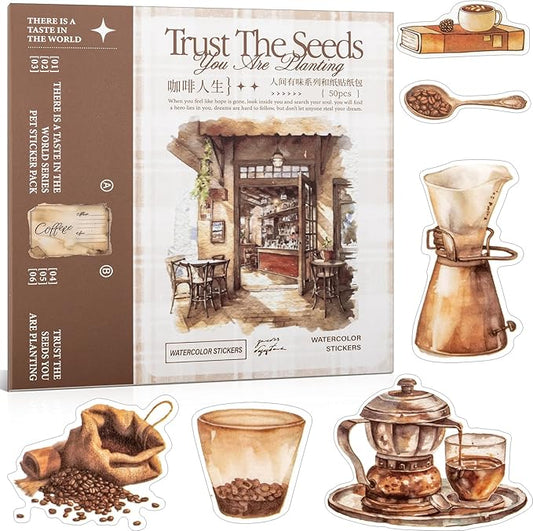 Coffee Themes Sticker Scrapbooking Supplies for Junk Journal, 50 Sheets Washi Stickers - Vintage Journaling Stickers, Ephemera Sticker Book Pre Cut(TZ-005-008)
