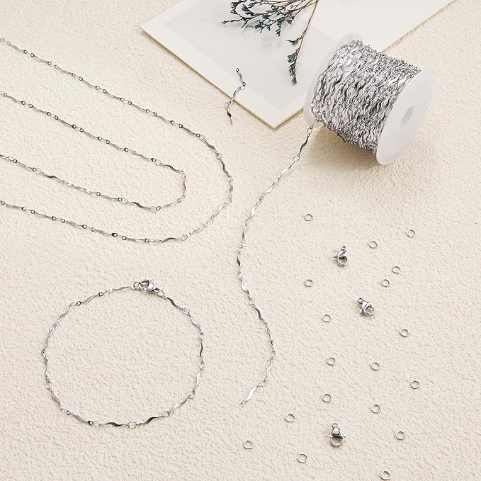 5 Meters Stainless Steel Jewelry Chain for Jewelry Making Stick Link Chains with Jump Rings and Lobster Clasps