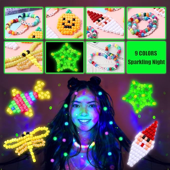 Ferreve 73 Colors 3700 Pcs Pony Beads for Bracelet Making Kit 64 Colors Pony Rainbow Letter Beads 9 Colours Glow in the Dark Beadwork Friendship Bracelet Jewelry Crafts with Elastic Cord