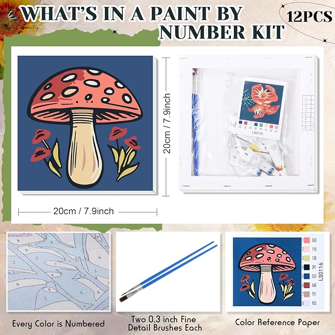 Nezyo 12 Sets Paint by Numbers Kit with Frame for Adult Beginners, Paint by Number DIY Acrylic Painting Canvas for Painting Party, Classroom Activity Birthday Gift, 8 x 8 Inch