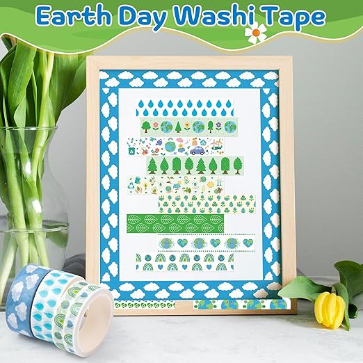 Earth Day Washi Tape - 12 Rolls Eco-Friendly Tree Raindrop Rainbow Scrapbook Washi Masking Decorative DIY Crafts Tape Set School Office Teacher Scrapbooking Junk Journal Journaling Supplies