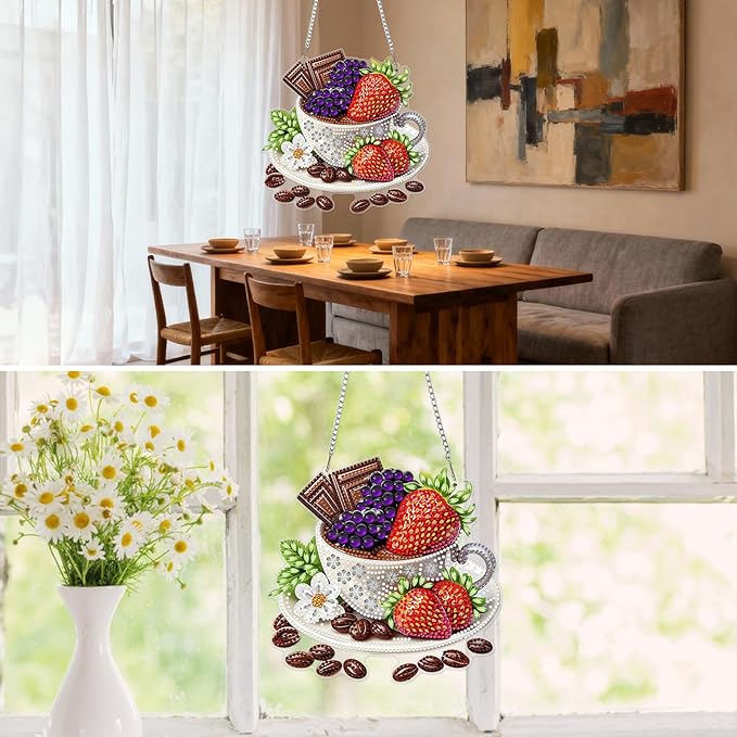 MXJSUA Strawberries Coffee Diamond Painting Art Window Suncatchers, Diamond Art Kits for Adults Hanging Ornaments with Chain, 5D Special Shape Crystal Diamond Pendant Accessories for Decor Gift