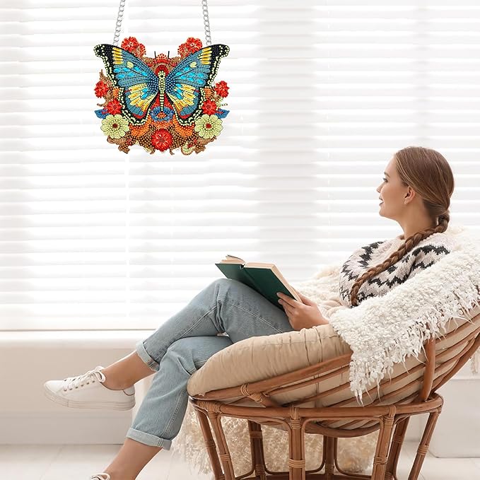 Bimkole Butterfly Diamond Art Hanging Kit for Adult, DIY 5D Diamond Art Flower Window Pendant, Acrylic Crystal Art Hanging Ornament Home Wall Garden Front Door Sign Outdoor Decor 7.8x7.8 Inch