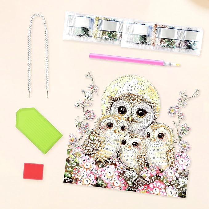 Lxmsja DIY Owls Family Diamond Painting Hanging Ornament, Double-Sided Acrylic Moonlit Diamond Art Kit, Special Shaped Suncatcher Hanging Pendant Window Art Kit 7x8 inch