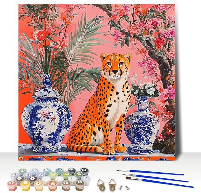 MAXBYE Cheetah and Celadon Paint by Number for Adults, Acrylic Easy Paint by Numbers for Adults Beginner, DIY Painting by Numbers for Home Wall Decor Gift 12x12inch, Oriental Aesthetics Art