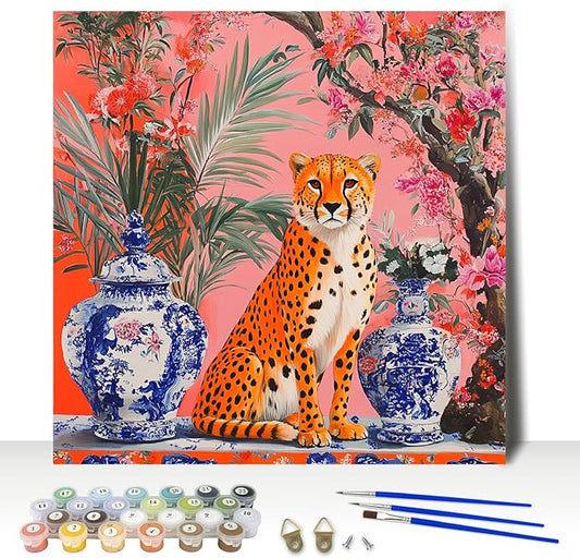 MAXBYE Cheetah and Celadon Paint by Number for Adults, Acrylic Easy Paint by Numbers for Adults Beginner, DIY Painting by Numbers for Home Wall Decor Gift 12x12inch, Oriental Aesthetics Art