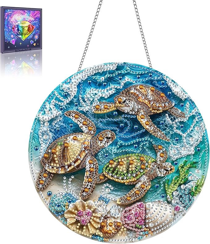 Wergund 5D DIY Sea Turtle Diamond Art Hanging Kits, Hanging Diamond Art Animal, Acrylic Special Shaped Rhinestone, Window Hanging Pendants for Home Wall Garden Front Door Outdoor Decor Gift