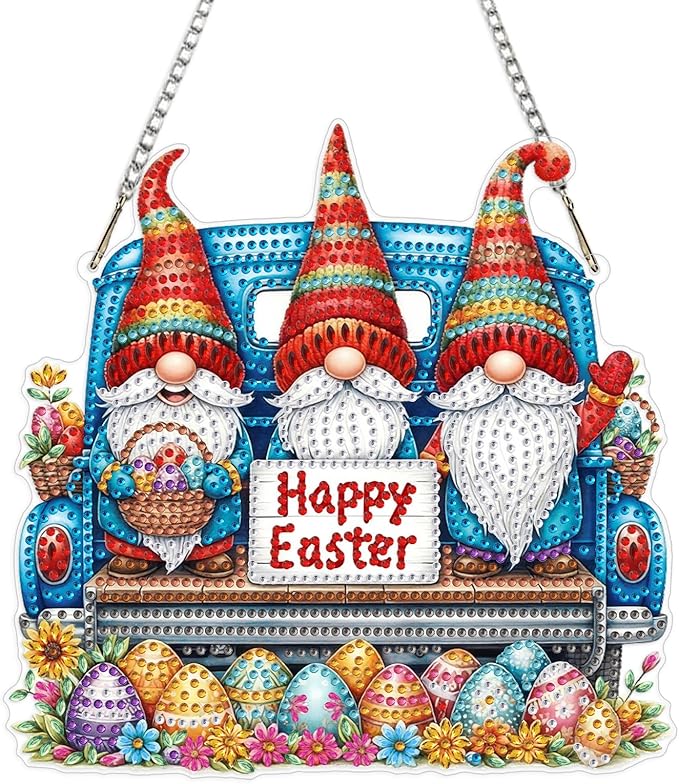 MEIYUDA Gnomes Diamond Art Hanging Kits for Adult, Easter Eggs Diamond Painting Hanging Kits Ornaments, DIY Happy Easter Special Shaped Rhinestone Window Pendants kit for Home Garden Wall Decor Gift