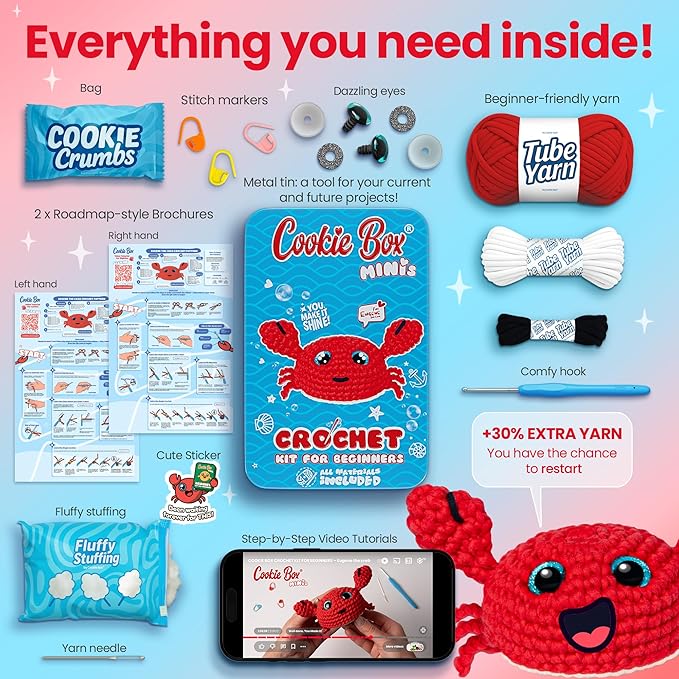 Cookie Box MINIs Crochet Kit for Beginners – Gift Set to Make Crab Eugene Amigurumi Plushie – Easy DIY Crochet & Knitting Starter Kit with Printed Instructions & Step-by-Step Video Tutorial
