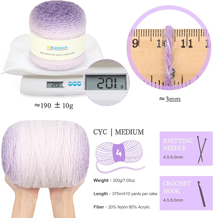 Katech Ombre Yarn for Crocheting-Large Skein of Gradient Yarn Cake-2 Pack of 200g/7.05 oz-80% Acrylic,20% Nylon- #4 Medium-Perfect for Star Blankets, Scarves, Shawls and Garments (A)
