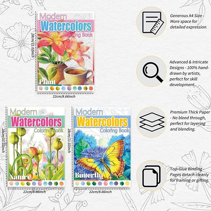 3Pcs Watercoloring Book, A4 Water Coloring Paint Book Beginner Friendly - Watercolor Coloring Books for Adults, 36 Pre-Printed Designs (Without Paint or Brushes) - Butterfly & Nature & Plant
