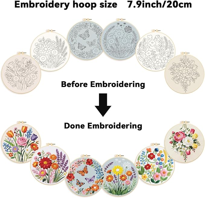 ORIGACH 6 Pack Flowers Embroidery Kits for Beginners, DIY Starter Hand Embroidery Kit with Floral Wreath Wildflower & Butterfly Patterns and Instructions for Adults Women Crafting