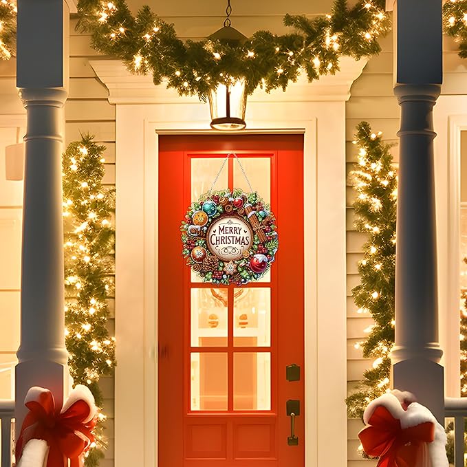 JJFox DIY Acrylic Diamond Art Painting Wreath Kits Special Shaped Rhinestone Diamond Art Window Pendants Home Garden Wall Hanging Kits Hanging Ornament (Merry Christmas)