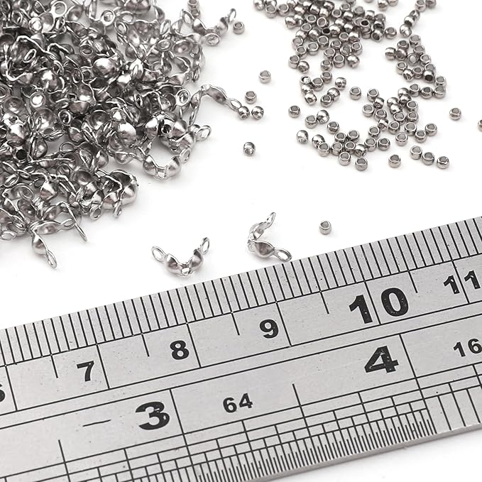 304 Stainless Steel Crimp Beads 1.5mm and End Caps 2.5x5mm Set 200pcs for Jewelry DIY Making and Repairing