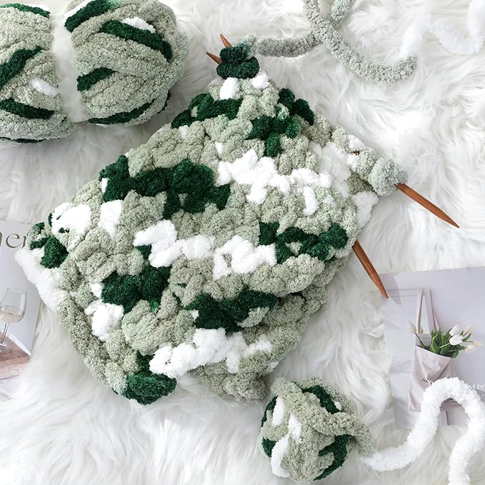HOMBYS Chunky Tie Dye Mix Chenille Yarn for Hand Knitting, Super Bulky Jumbo Yarn for Crocheting, 3/4" Thick Soft Plush Yarn for Blankets, 8 Skein Pack (26 yds / 7.5 oz Each) Green Multi White