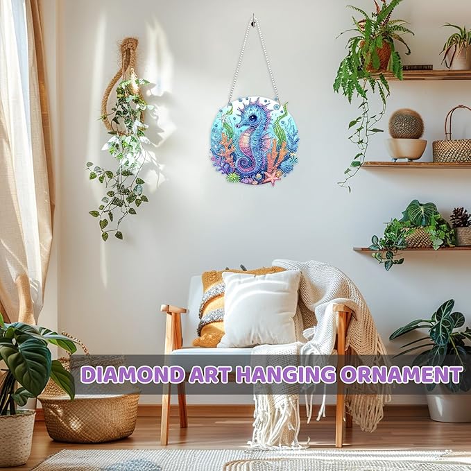MEIYUDA Seahorse Diamond Art Hanging Kits for Adult, Shell Starfish Seahorse Diamond Painting Hanging Kits Ornaments, DIY Special Shaped Rhinestone Window Pendants Kit for Home Garden Wall Decor Gift