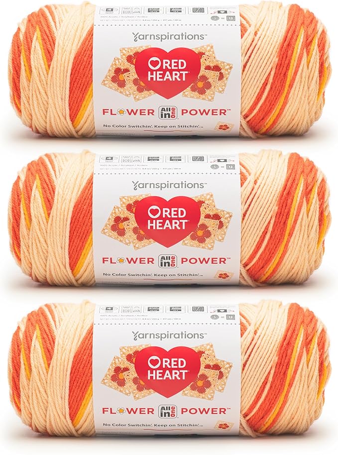 Red Heart All in ONE Flower Power Rosy Disposition Yarn - 3 Pack of 8.8oz/250g - 100% Acrylic - #4 Worsted (Medium) - 440 Yards - Knitting/Crochet