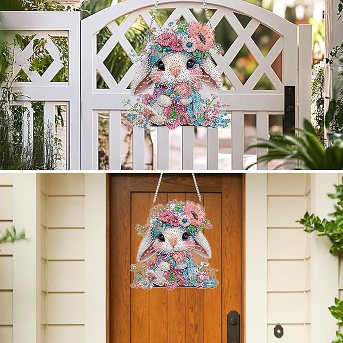 MXJSUA Diamond Art Hanging Kits for Adults Beginners, DIY Acrylic 5D Special Shaped Crystal Diamond Gem Art Painting Hanging Ornament for Home Wall Decor and Gift (Easter Bunny Flowers)