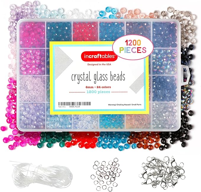 Incraftables 1200 Piece Crystal Bead Kit – 6mm Briolette Crystal Glass Beads for Jewelry Making – 24 Sparkly Colors – Beads for Bracelets, Crafts & DIY Projects – Sparkly Beads for Adults & Beginners