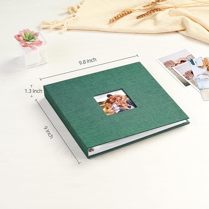 Mublalbum 8x8 Inch DIY Scrapbook Photo Album with 20 Plastic Sleeves 40 Pages Linen Cover 3 Ring Folder Binder for Wedding Baby Family and DIY Projects (Dark Green)