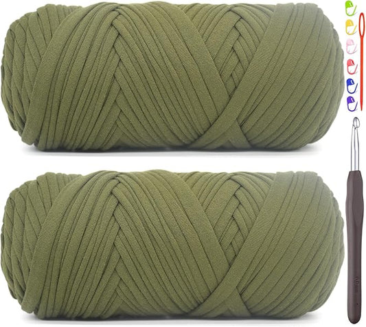 2 Pack Tshirt Yarn for Crocheting,Green T Shirt Chunky Elastic Fabric Thick T-Shirt Crochet Yarn for Beginners Crocheting Hand Knitting Bag/Basket/Coasters/DIY Crafts/Home Decor 2 * 200G(Army Green