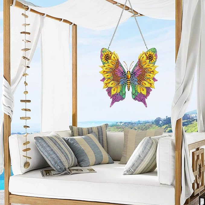 VAIIEYO Butterfly Diamond Painting Hanging Ornament,Sunflower Double Side Window Hanging Kit with Chain, 7.5x7.5 inch Crystal Pendant Art Craft for Gift Home Wall Front Door Decoration