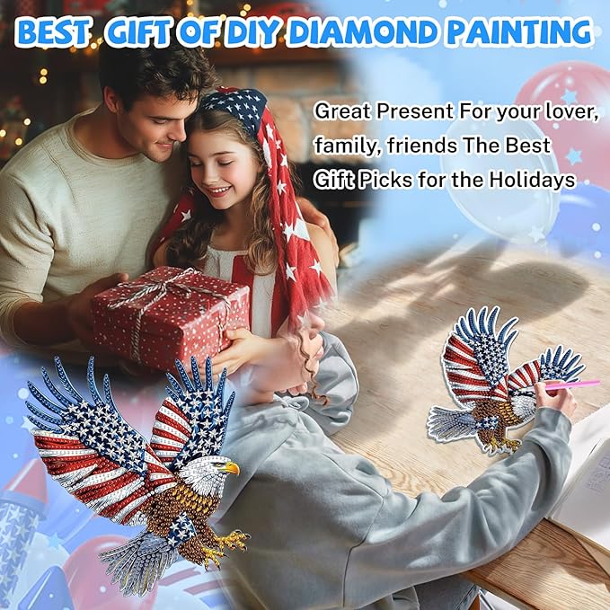 Bowetile Bald Eagle 5D Diamond Art Hanging Kits for Adults, American Flag Diamond Painting Window Pendant Kits, Special Shape Patriotism Gem Art Suncatchers Ornament for Home Garden Wall Decor