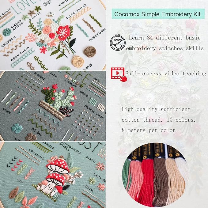 COCOMOX 3 Sets Embroidery Kit for Beginners Adults, Needlepoint Cross Stitch Kits, Learn 34 Different Stiches DIY Kits, Hand Embroidery Kit with Simple Embroidery Patterns