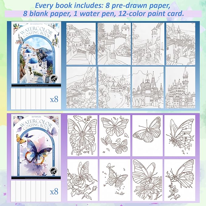 Dunzoom 32 Sheets Watercolor Coloring Book 2 Pack Water Color Workbook Paper Paint Set with 12 Colors Paint Cakes and Brushes for Adults Beginners Art Painting Supplies(Butterfly&Castles)