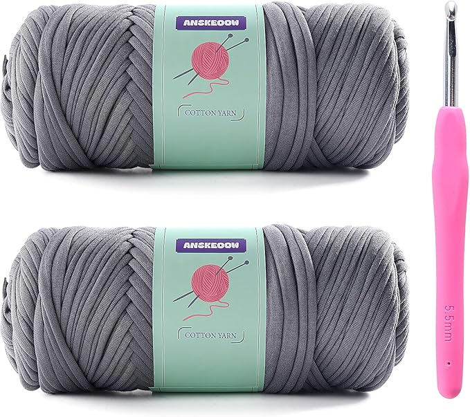 2 Skeins Tshirt Yarn for Crochet,Soft T Shirt Yarn for Crocheting Bag/Basket/Home Decor,Trapillo para Tejer a Crochet Bolsas with 1 Crochet Hook,Each Ribbon Yarn 7oz, 65yds (Dark Gray)
