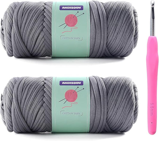 2 Skeins Tshirt Yarn for Crochet,Soft T Shirt Yarn for Crocheting Bag/Basket/Home Decor,Trapillo para Tejer a Crochet Bolsas with 1 Crochet Hook,Each Ribbon Yarn 7oz, 65yds (Dark Gray)