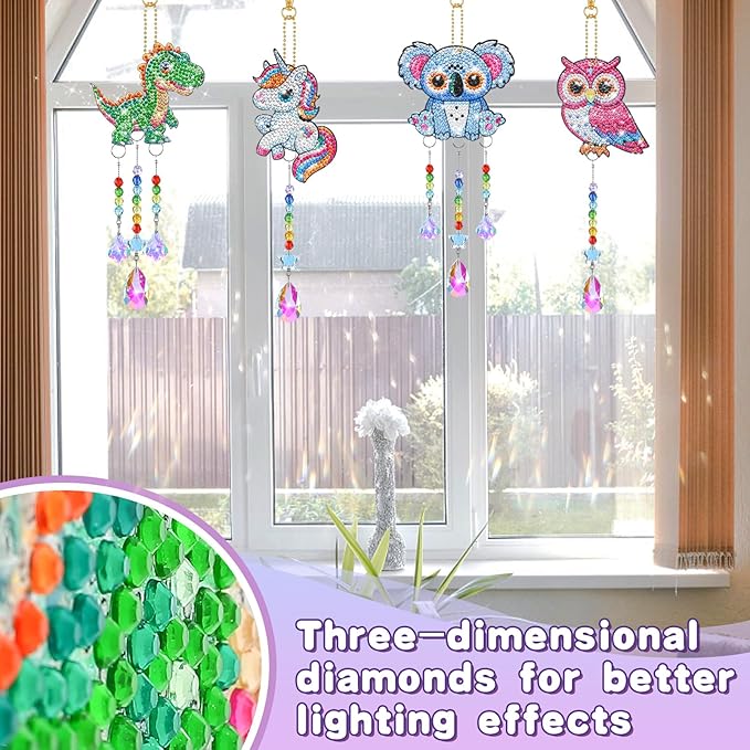 Diamond Art Kits for Kids - Crafts Gifts for Girls 8-12, 4 Pcs Double Sided Animal Style Wind Chime, Hanging Crystal Rhinestone Painting Ornament