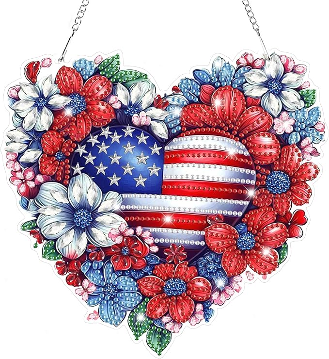 Bowetile 5D Patriotic Diamond Art Hanging Kits for Adults, Diamond Painting Heart Shape Flowers Pendant Kits, Special Shape USA Flag Gem Art Suncatcher Ornament for Home Window Wall Decor
