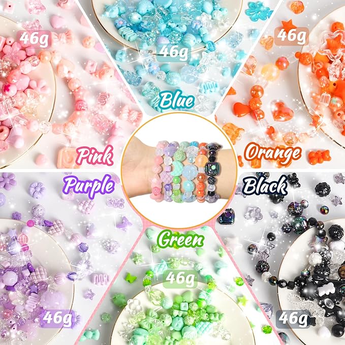 RYKOMO 600-700PCS Acrylic Beads for Bracelet Making Kit, with Bell, String, Key Rings, Clips in 6 Colors Kawaii Aesthetic Cute Beads for Jewelry Making, Keychains, Phone Charms, DIY Crafts