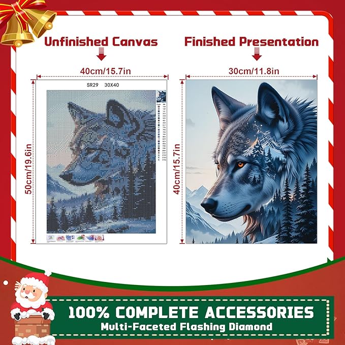 EMIEAUFG Christmas Diamond Art Kits for Adults, Christmas Wolf Diamond Paiting Kit for Beginners, 5D DIY Round Full Drill Craft Diamond Dot Gem Art, Home Wall Decor 12" x 16"