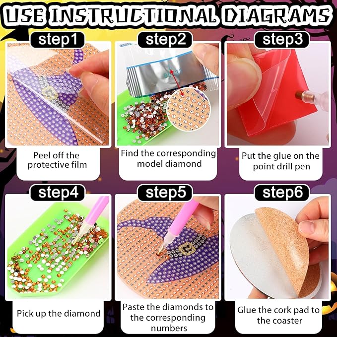 UPINS 8Pcs Halloween Diamond Art Painting Coasters Kits with Holder Diamond Art Non Slip Coaster Kits DIY with Holder Crafts for Adults Diamond Art Painting Kits Supplies