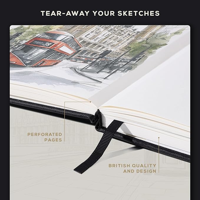 Beechmore Books Square Mixed Media Sketchbook - 8x8 Inch Professional Art Journal, 160 GSM / 98 lb Ivory Paper, Perforated Pages, Vegan Leather Hardcover, Lay-Flat Design for Drawing & Doodling