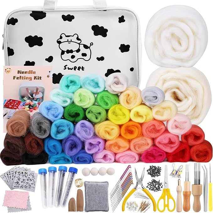 Mayboos Needle Felting Kit, 42 Colors Wool Roving Set, Needle Felting Kit with Felting Tool and Foam Mat Needle Felting Supplies for Home Decoration Felted