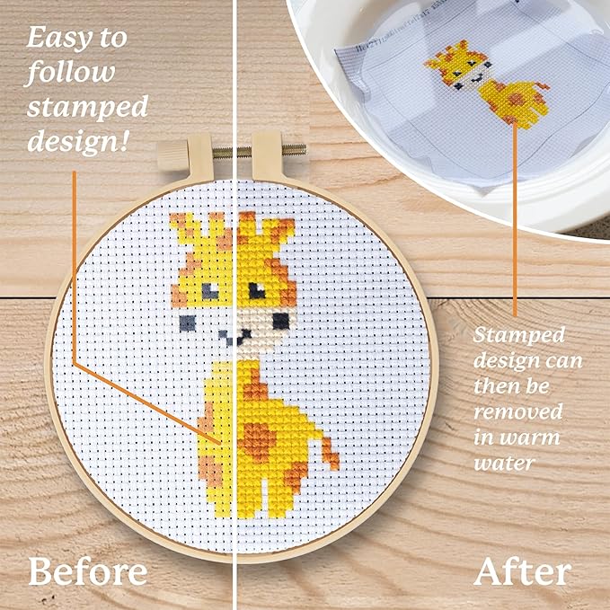 kraftex floral stamped cross stitch kits for beginners - 3 pack. diy embroidery needlepoint patterns for adults. easy cross stitch kits for beginners (zoo creatures)