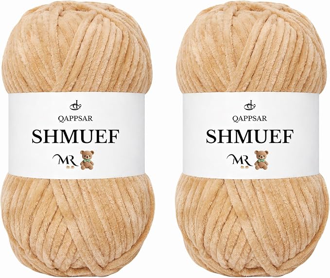SHMUEF Chenille Yarn 2-Pack – Ultra Soft Velvet Yarn, Super Bulky Weight (5–6 mm), Yarn for Crochet, Amigurumi & Baby Blankets (Dark Beige)