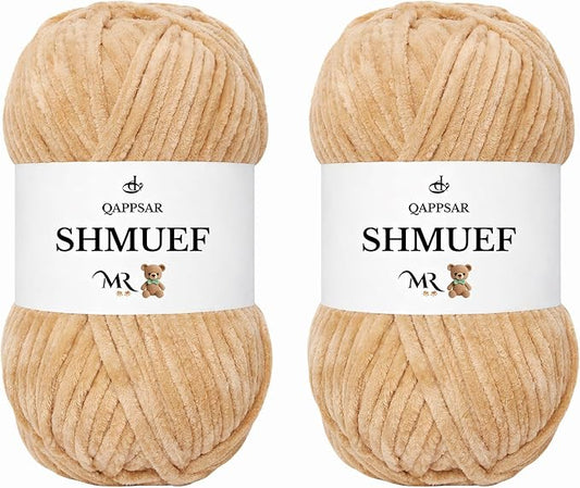 SHMUEF Chenille Yarn 2-Pack – Ultra Soft Velvet Yarn, Super Bulky Weight (5–6 mm), Yarn for Crochet, Amigurumi & Baby Blankets (Dark Beige)